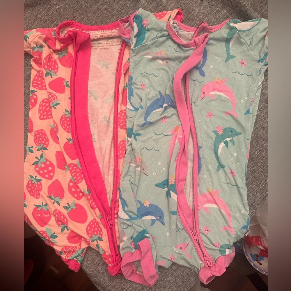 Set of 2 12-18 Little sleepies shorties (strawberry & dolphins)
